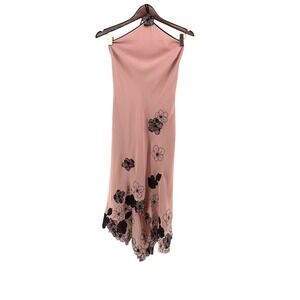BCBGMAXAZRIA Pink Silk Halter Midi Dress Floral Lace Embroidery Handkerchief 4